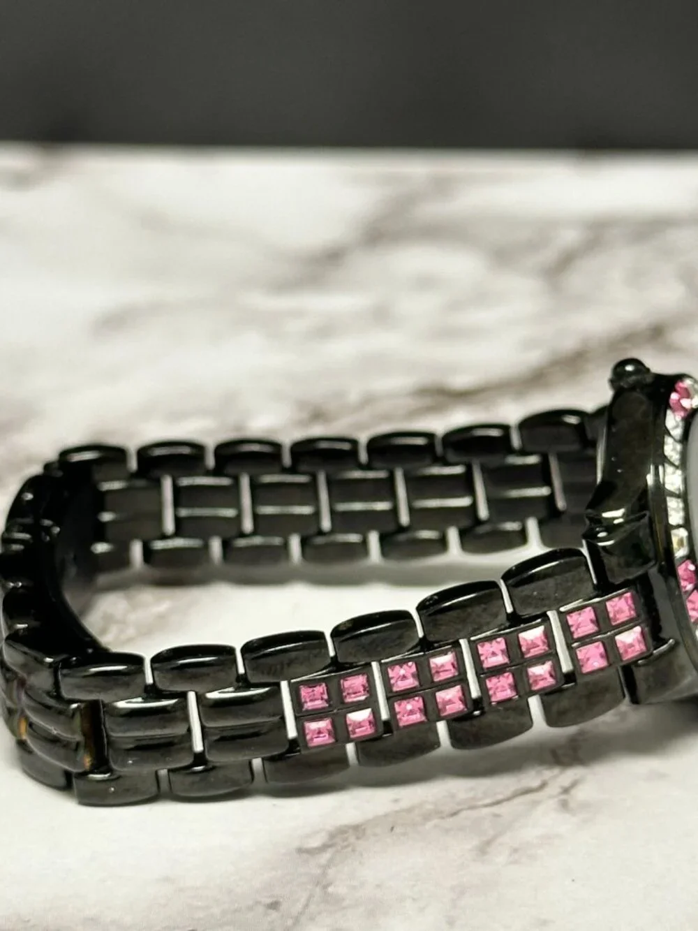 Armitron Watch Women Black Dial Pink Clear Crystal Bezel New Battery 6.5 Inch
